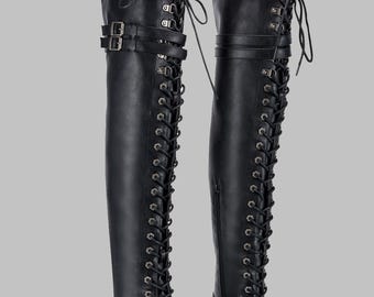 Lace-Up Knee-High Black Leather Boots: Women Chunky Heel Gothic Combat Style