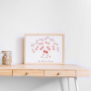Puede incluir: Un cuadro con una impresión de árbol genealógico. El diseño del árbol presenta círculos rosas y rojos que representan a los miembros de la familia, con el texto "The Bennett Family" en la parte inferior. El cuadro se muestra en un escritorio de madera clara.