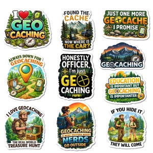 May include: A collection of colorful geocaching-themed stickers. Each sticker features outdoor scenes, compasses, GPS devices, and text like "Geo Caching," "Found the Cache," and "The Real World Treasure Hunt." The stickers are designed with vibrant colors and cartoon-style illustrations.