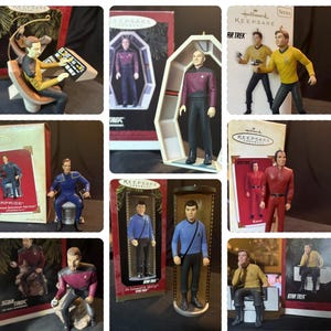 May include: Collection of Star Trek Hallmark Keepsake ornaments featuring various characters in their uniforms. The ornaments are in their original packaging and depict characters like Captain Kirk, Spock, and Dr. McCoy. The figures are in various poses.