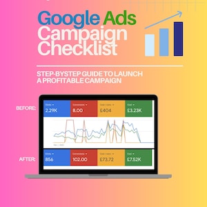 Könnte beinhalten: Ein Laptop mit einer Google Ads Kampagnen-Checkliste und Vorher-Nachher-Daten. Der Hintergrund ist ein Farbverlauf von Pink, Gelb und Orange. Der Text lautet: "SCHRITT-FÜR-SCHRITT-ANLEITUNG ZUM STARTEN EINER PROFITABLEN KAMPAGNE".