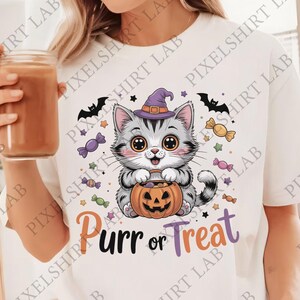 Halloween Cute Cat with Big Eyes Holding Pumpkin Basket Full of Candy | Adorable Fall Halloween Kitty Illustration