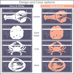 May include: An image showcasing design and color options for marine-themed art. The options include navy and white, and navy and coral. The designs feature a lobster, sand dollar, crab, and shell.