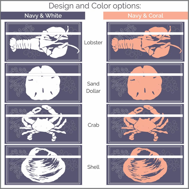May include: An image showcasing design and color options for marine-themed art. The options include navy and white, and navy and coral. The designs feature a lobster, sand dollar, crab, and shell.