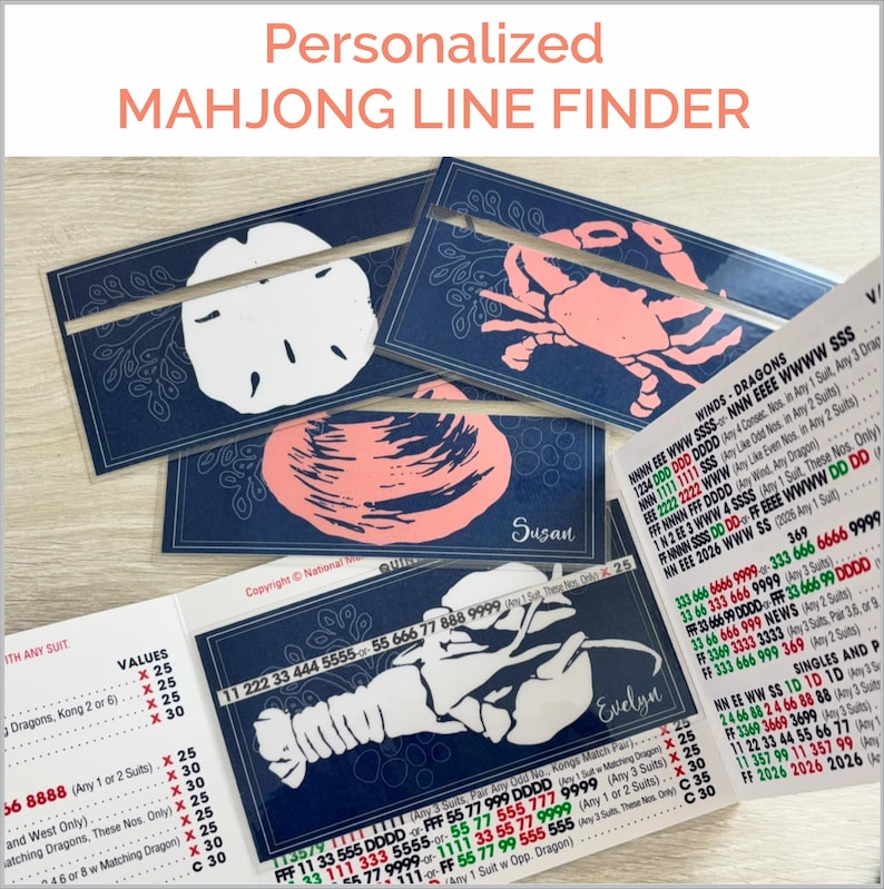 May include: Navy blue Mahjong line finders with personalized names. The cards feature illustrations of a sand dollar, crab, and lobster. The text "Personalized Mahjong Line Finder" is at the top.