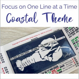 May include: A navy blue Mahjong card with a white lobster illustration and the name "Evelyn". The card features the text "Coastal Theme" and "Focus on One Line at a Time". The card also has numbers and text for game play.