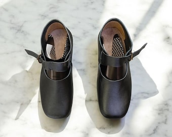 Handcrafted Leather Mary Jane Shoes | Square Toe Flats, Minimalist Comfort