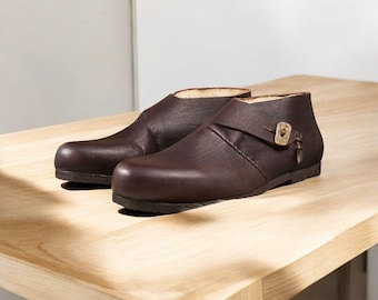 Mens Handmade Brown Leather Buckle Shoes | Vintage Rustic Slip On Leather Footwear