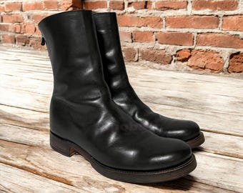 Handmade Black Leather Mens BootsMid Calf Zipper Boots Genuine Leather Vintage Style Unisex Shoes