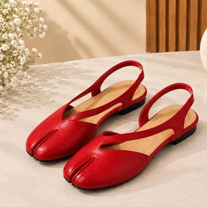 Womens Leather Tabi Ballet Flats Soft Lambskin Split Toe Shoes Slingback Flat Shoes Minimalist Mary Jane Wide Fit Footwear