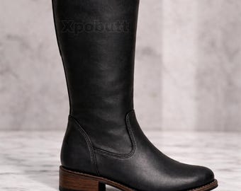 Handmade Black Leather Knee High Boots: Buckle Detail Riding Style