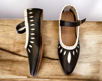 Handcrafted Leather Mary Jane Flats | Black & White Cutout Design