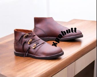 Handcrafted Brown Leather Ankle Boots | Vintage Wooden Toggle Closure Mens Casual Chukka Boots