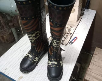 Botas de cuero de camuflaje con tachuelas, hechas a mano, estilo punk gótico, botas altas hasta la rodilla, calzado de estilo militar