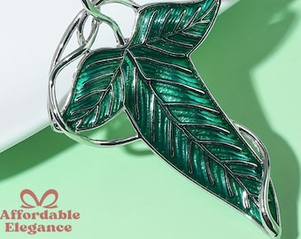 Silberne Elfenblatt Brosche: Grüner Emaille Fantasy Pin