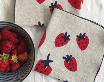 Red Strawberry Napkin Set, Linen, Summer Fruit