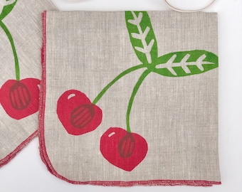 Cherries Linen Napkins, Hand printed fruit napkins