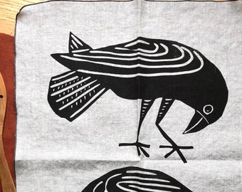 Handmade Linen Raven Tea Towel: Bird Lover Gift