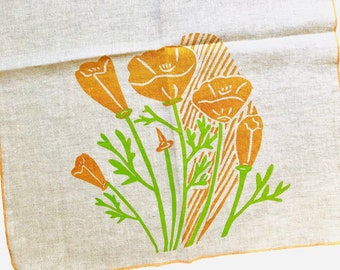 California Poppy Floral Linen Tea Towel, Kitchen Towel