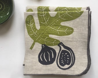 Fig Linen Napkins, Set of 4,  Hand Printed Napkins