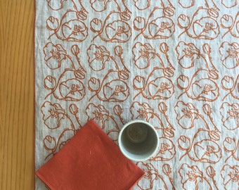 Poppy Flowers hand printed linen table runner