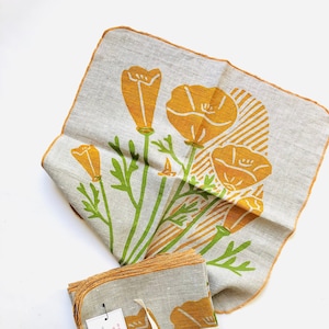 California Poppy Linen Napkin Set, Handprinted Cloth napkins, Wildflowers