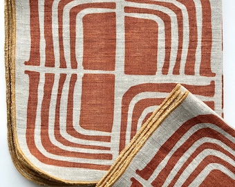 Modern Abstract Hand Printed Napkins, Linen, Orange Rust