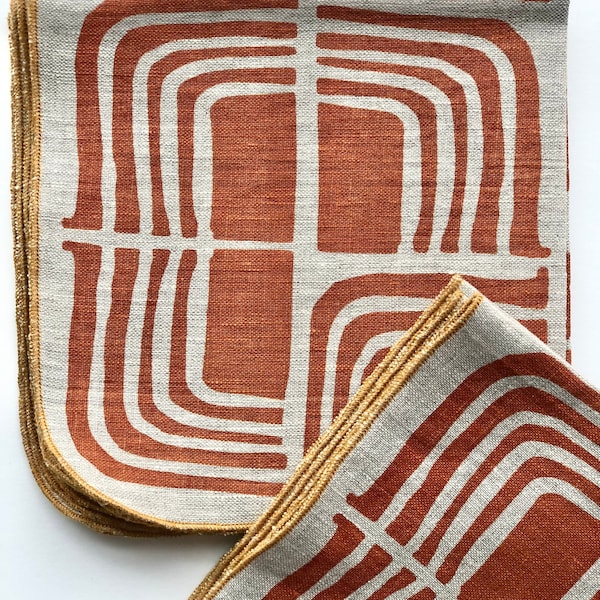 Modern Abstract Hand Printed Napkins, Linen, Orange Rust