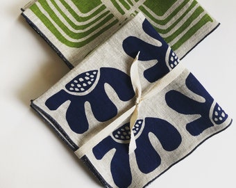 Blue Flower Handprinted Linen Napkins, Retro style