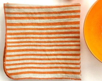 Striped linen napkins, bright orange, hand printed, stripes, tangerine