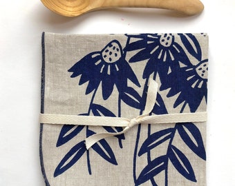 Linen Napkin Set with Blue Flowers, Handprinted
