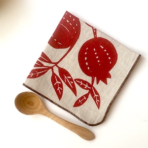 Handprinted Linen Napkin Set, Pomegranate Design, Table Linens