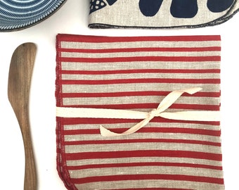 Striped linen napkins, red hand printed stripes,