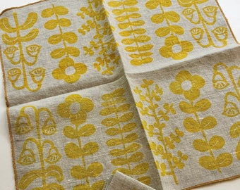 Yellow Folk Flowers, Linen Cloth Napkin Set