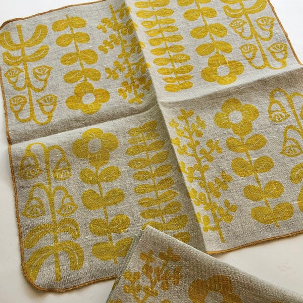 Yellow Folk Flowers, Linen Cloth Napkin Set