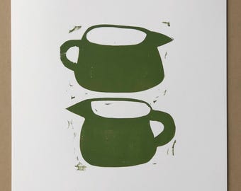 Blockprint Wall Art for Kitchen, Vessels series, blue pitchers