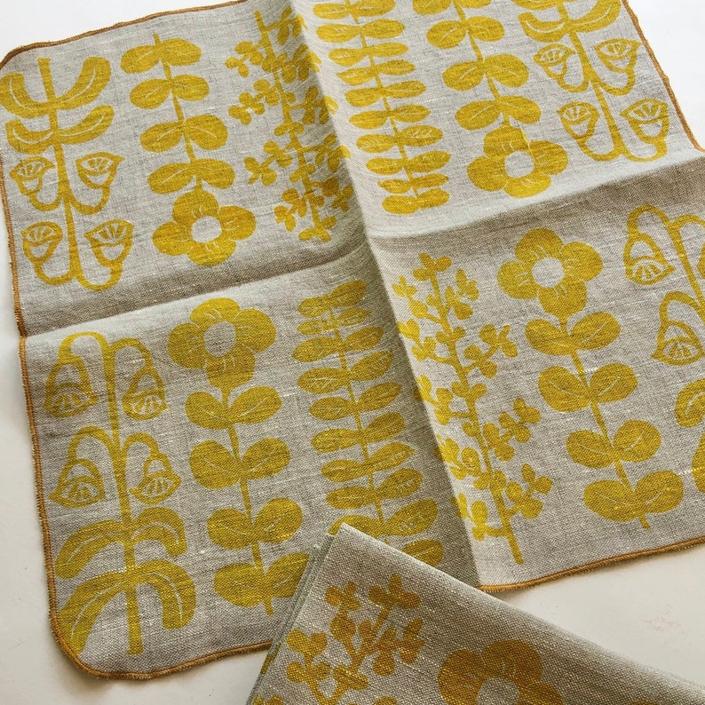 Yellow Folk Flowers, Linen Cloth Napkin Set image 1