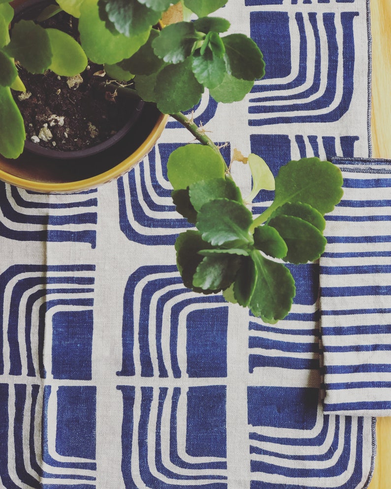 Linen Placemats, Retro design, mustard yellow, hand printed Blue