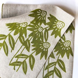 Echinacea Flower linen kitchen towel, Cone Flower, hand towel, dish cloth, handprinted tea towel, gift for garden lover, floral kitchen, image 2