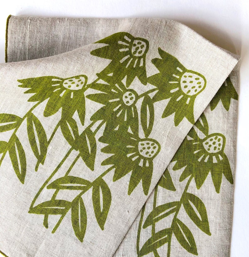 Echinacea Flower linen kitchen towel, Cone Flower, hand towel, dish cloth, handprinted tea towel, gift for garden lover, floral kitchen, image 2