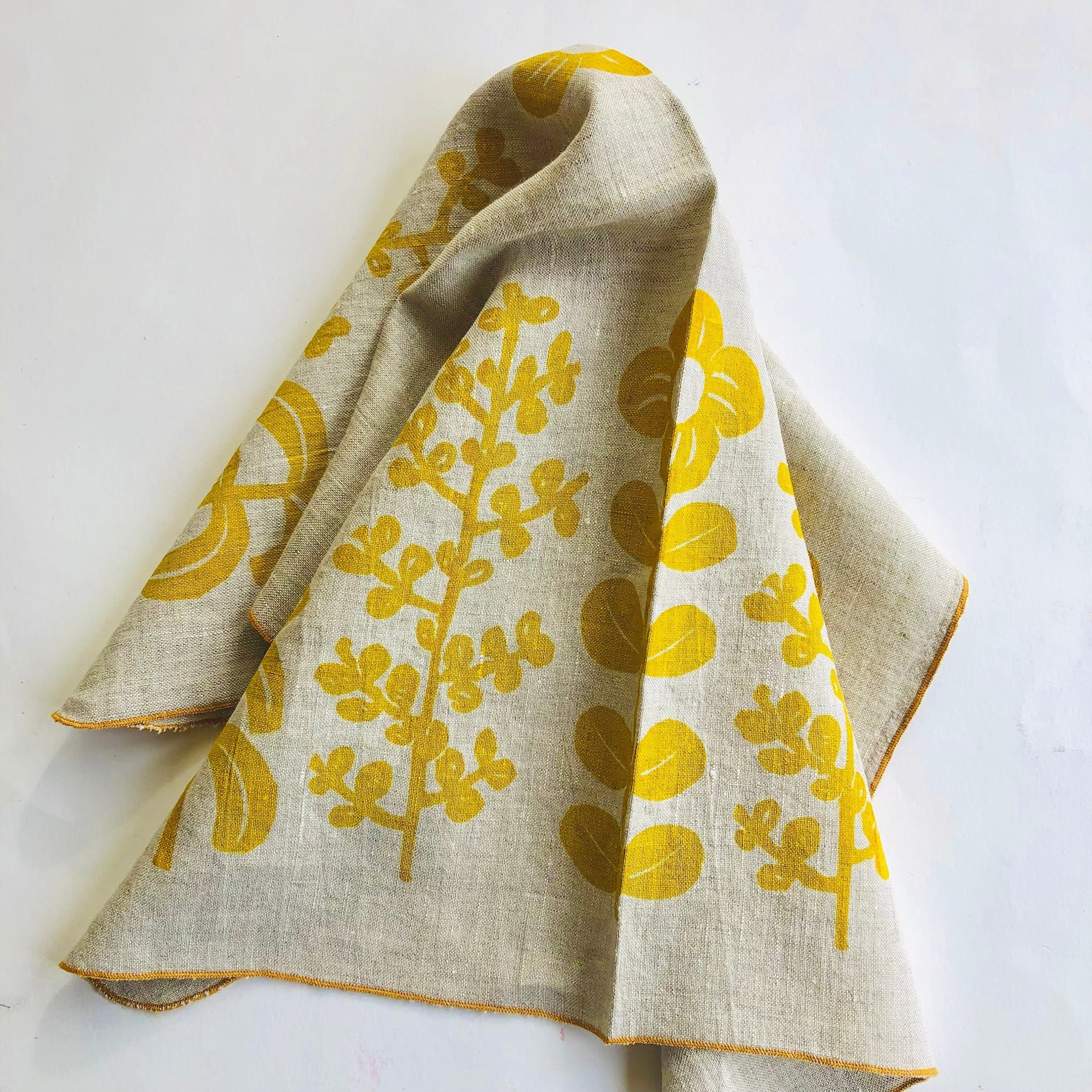 Floral Linen Tea Towel: Yellow Folk Flower Print, Handmade