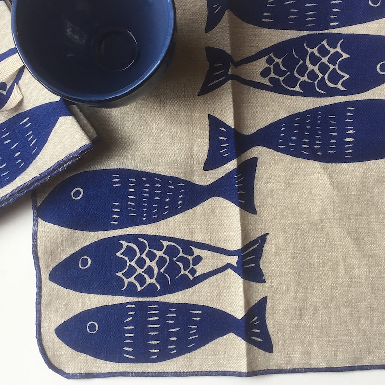 Sardine linen napkins set of 6, Nordic fish, Ocean theme, Navy, Sea