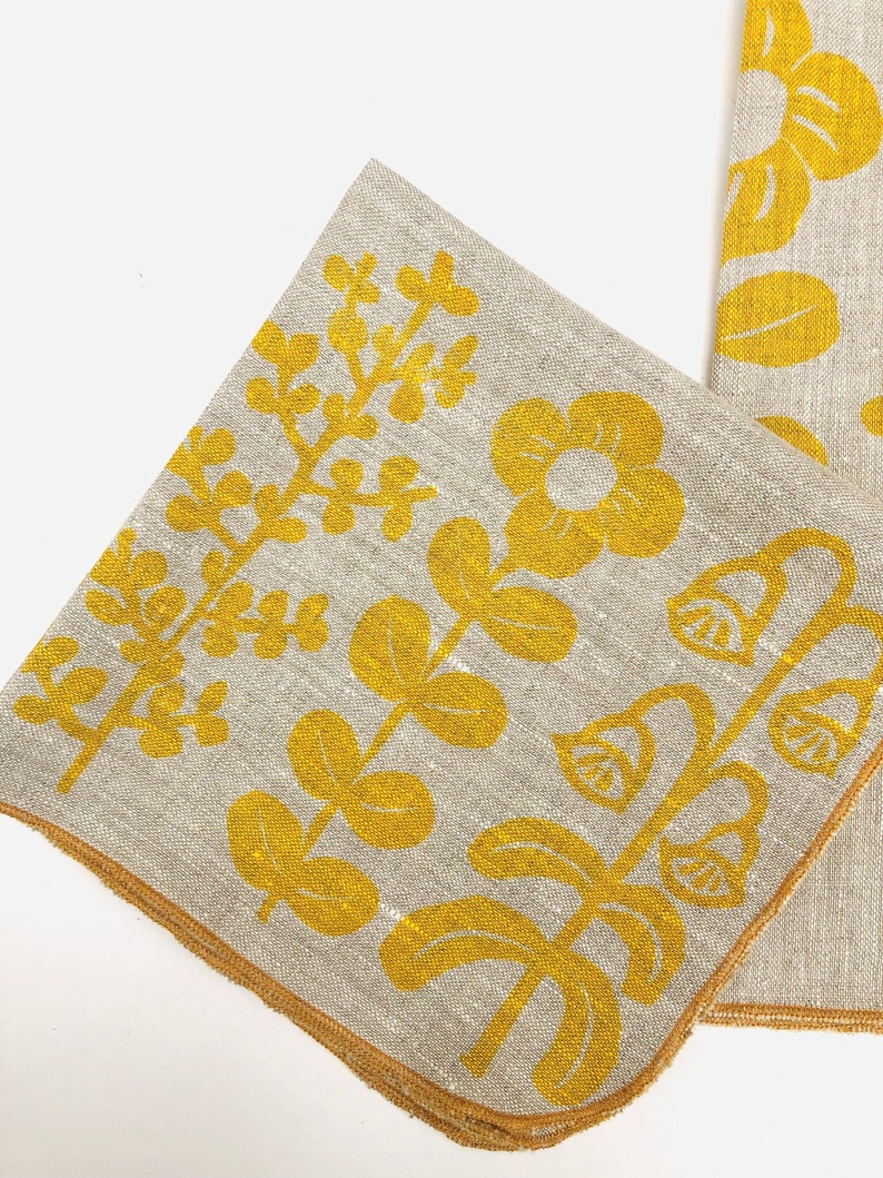 Yellow Folk Flowers, Linen Cloth Napkin Set image 3