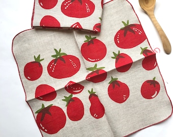 Tomato Linen Fabric Napkin Set, Kitchen, Veggie, Food, Handmade, hand printed, gift for garden lover, Housewarming gift, wedding gift