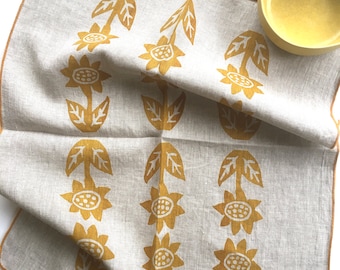Sunflower linen kitchen towel, handprinted tea towel