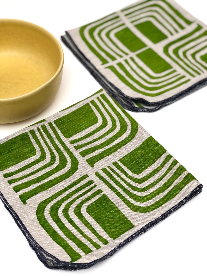 Modern Abstract Hand Printed Napkins, Linen Retro image 3