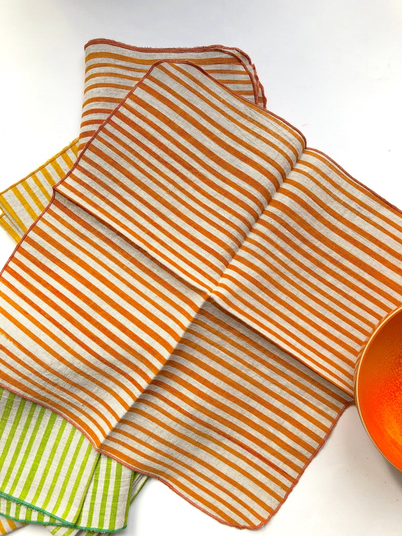 Striped linen napkins, bright orange, hand printed, stripes, tangerine image 3