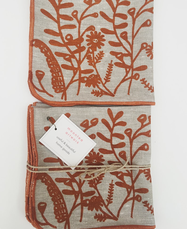 Floral Linen Napkins set of 4, handprinted tableware, linen woodsy, forest image 3