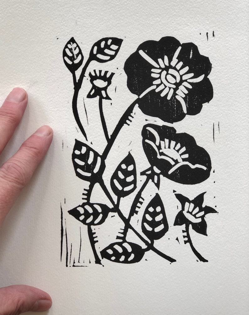 Rose Hand printed linocut art, Floral art, Native Plant image 2