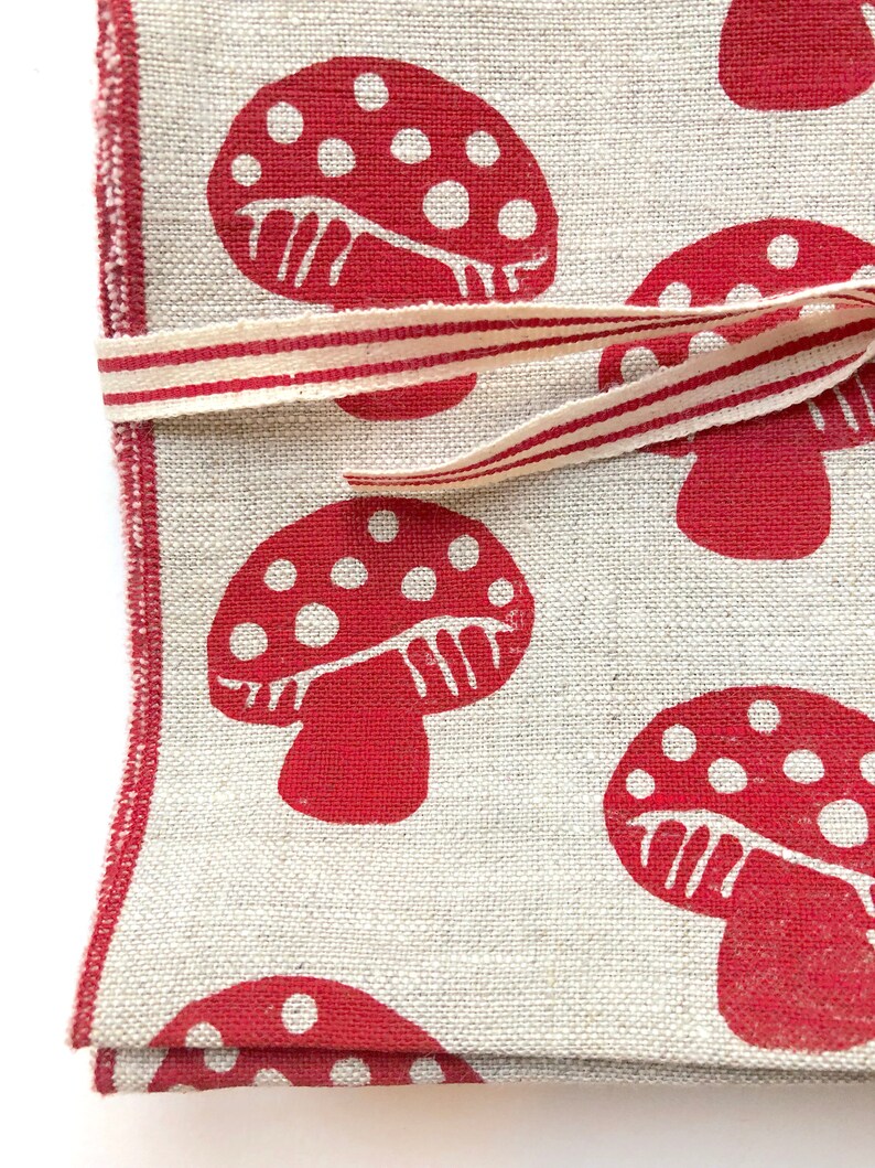 Mushroom Napkins, Linen Napkins, Woodland, Red and White mushrooms image 2